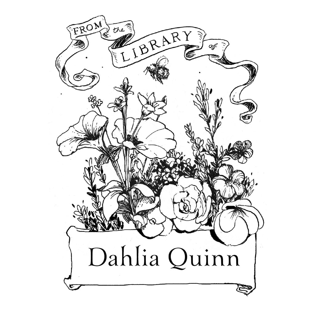 English Garden bookplate stamp design with example name and floral design From the Library of