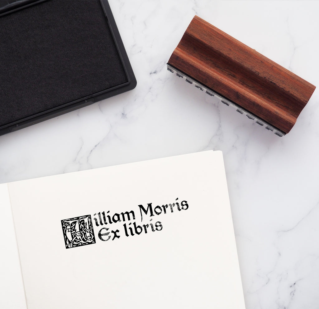 Personalised ex libris bookplate stamp with ink pad and wooden rubber stamp