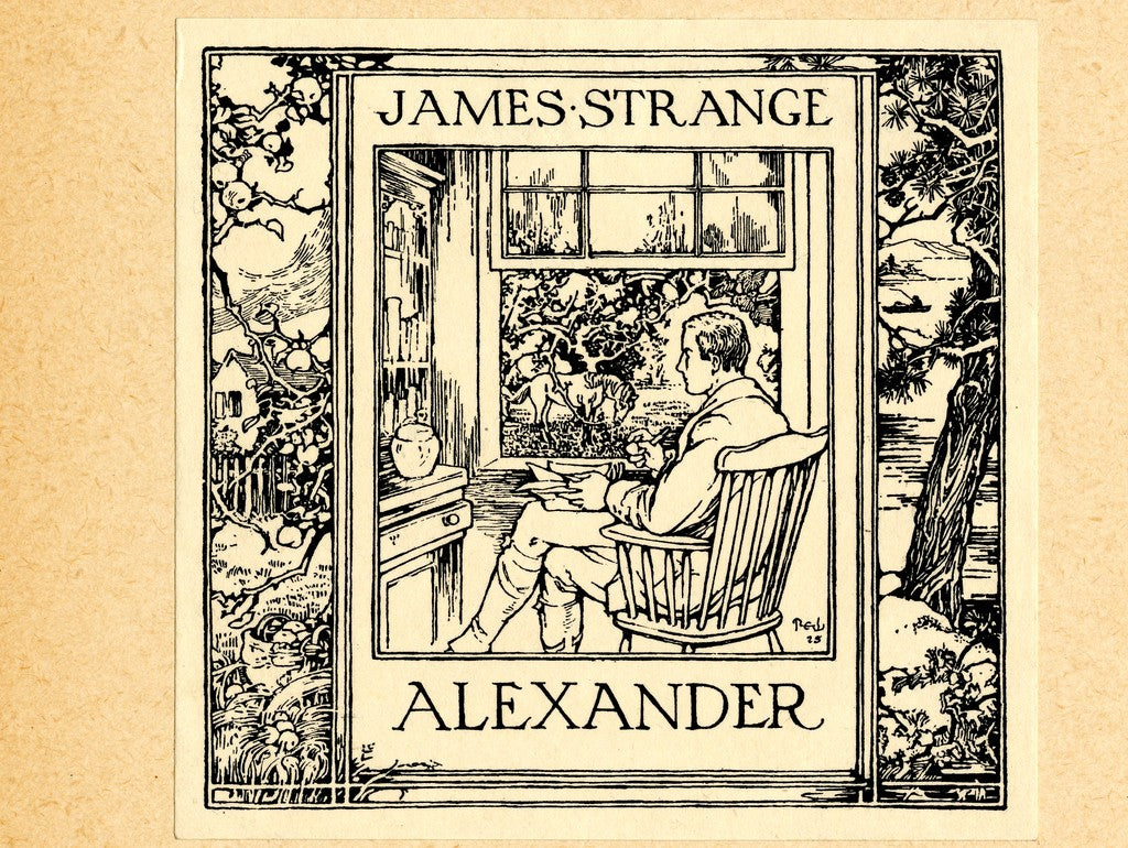 James Strange Alexander bookplate by Margaret Ely Webb. It shows a male figure in his study looking out the window. Bordered by a landscape