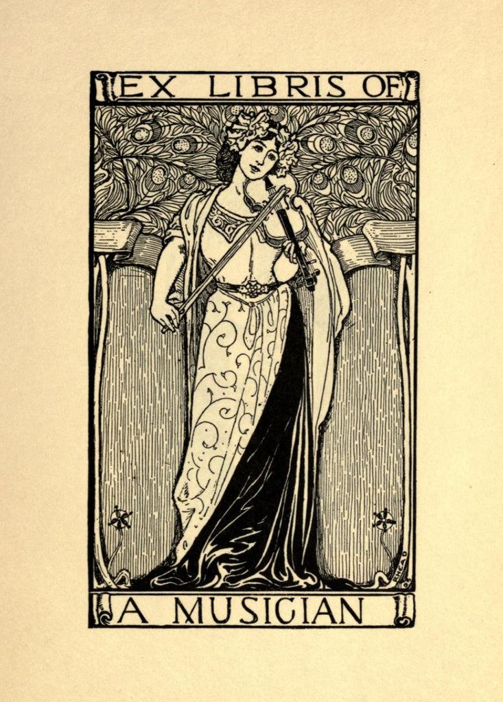 Musician ex libris bookplate artwork by Louis Rhead