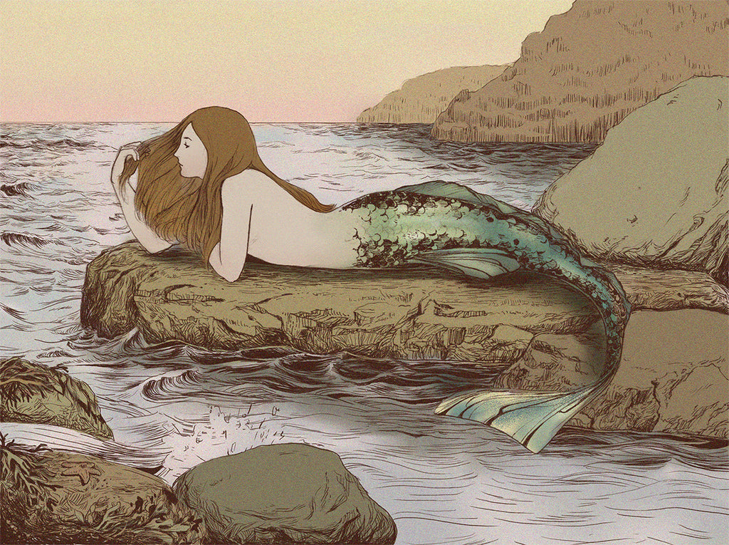 Pen and ink colour drawing of a mermaid in profile on a rock