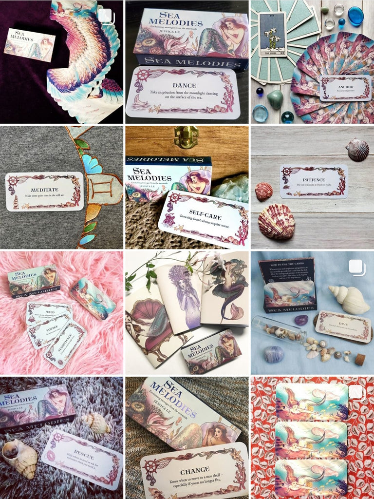 Collage of customer photos and flatlays of Sea Melodies Mini Inspiration Cards