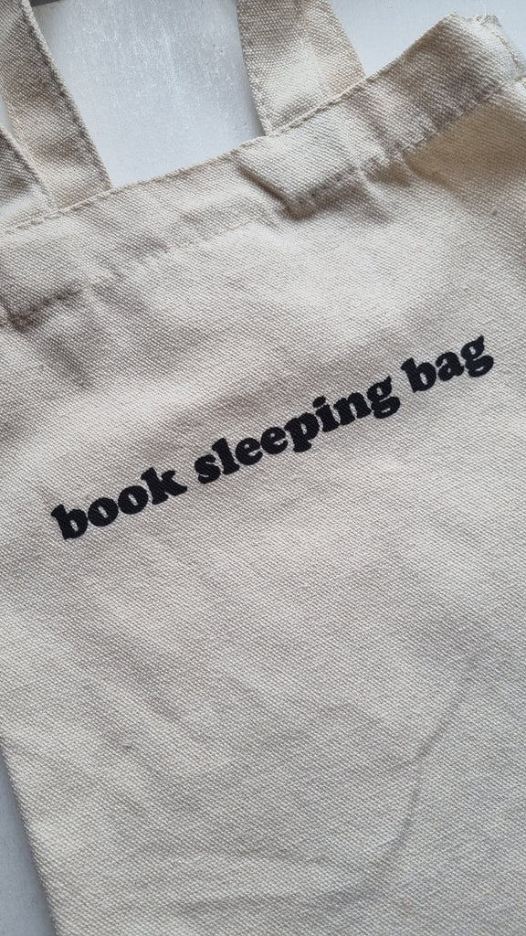 Book sleeping bag tote bag close up of screenprint
