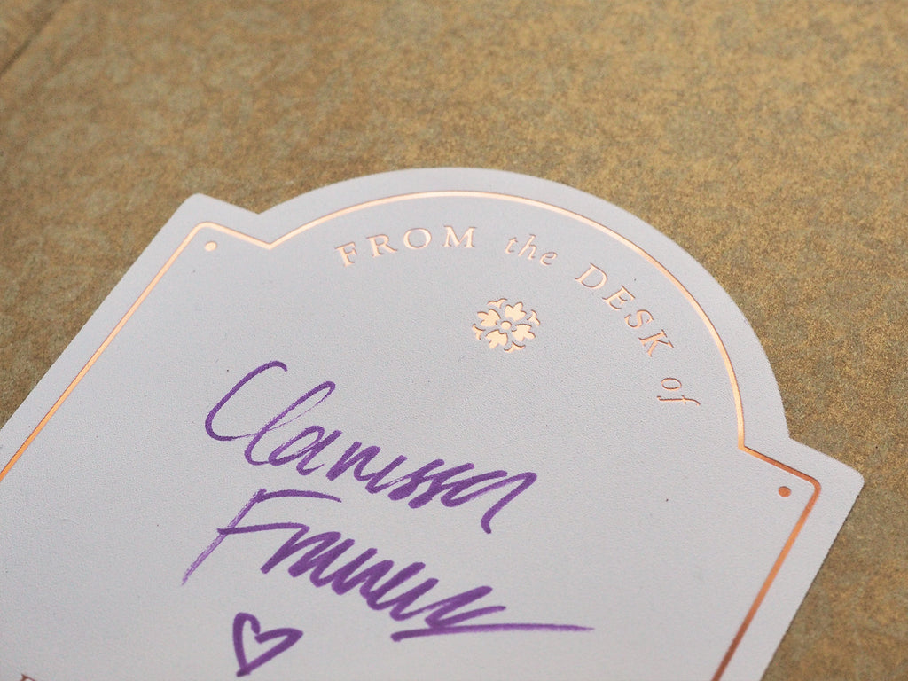 detail up close of foiling from the desk of author bookplate