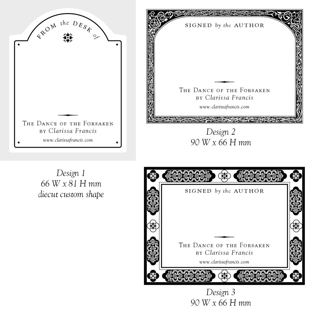 assorted designs for author bookplates in black and white