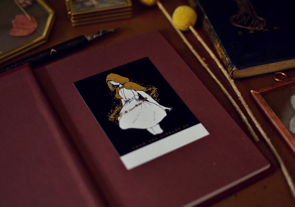 Close up of Orion's Belt starcatcher bookplate sticker inside a book flatlay on a desk