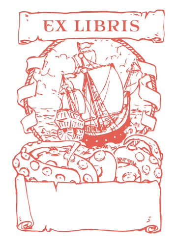 Crossing the seas nautical ship and octopus red letterpress bookplate ex libris design