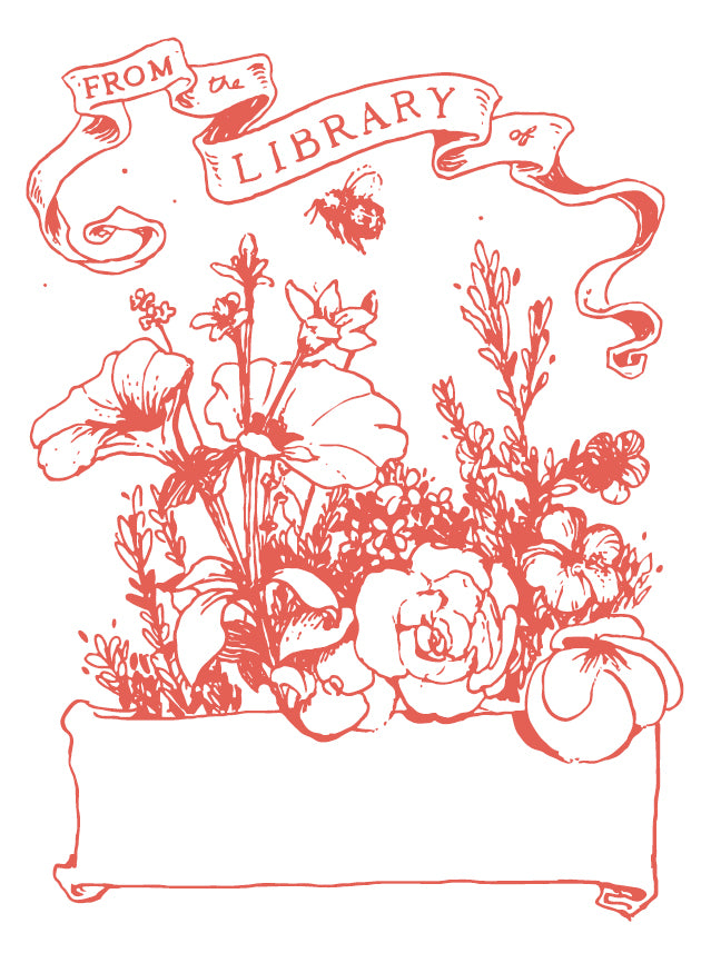 English garden red letterpress bookplate design from the library of