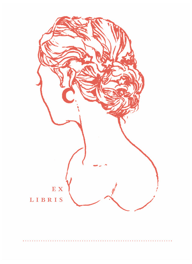 north star ex libris red letterpress bookplate design girl turning head sideways with stars in hair
