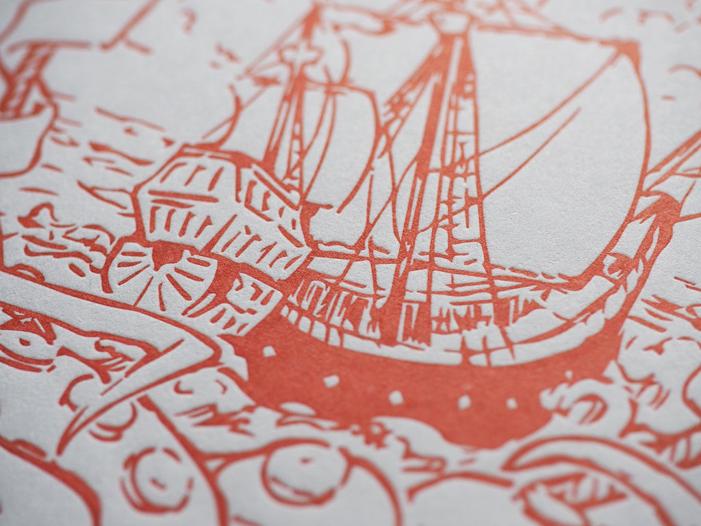 red letterpress ship detail