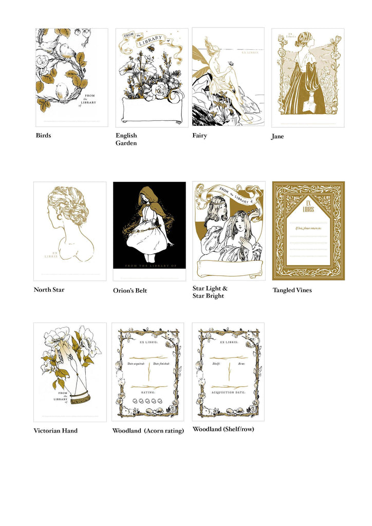 Selection of illustrated bookplate designs available for personalised name bookplates