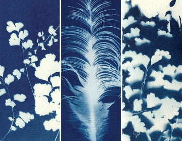 Set of 3 cyanotype bookmarks laid side-by-side
