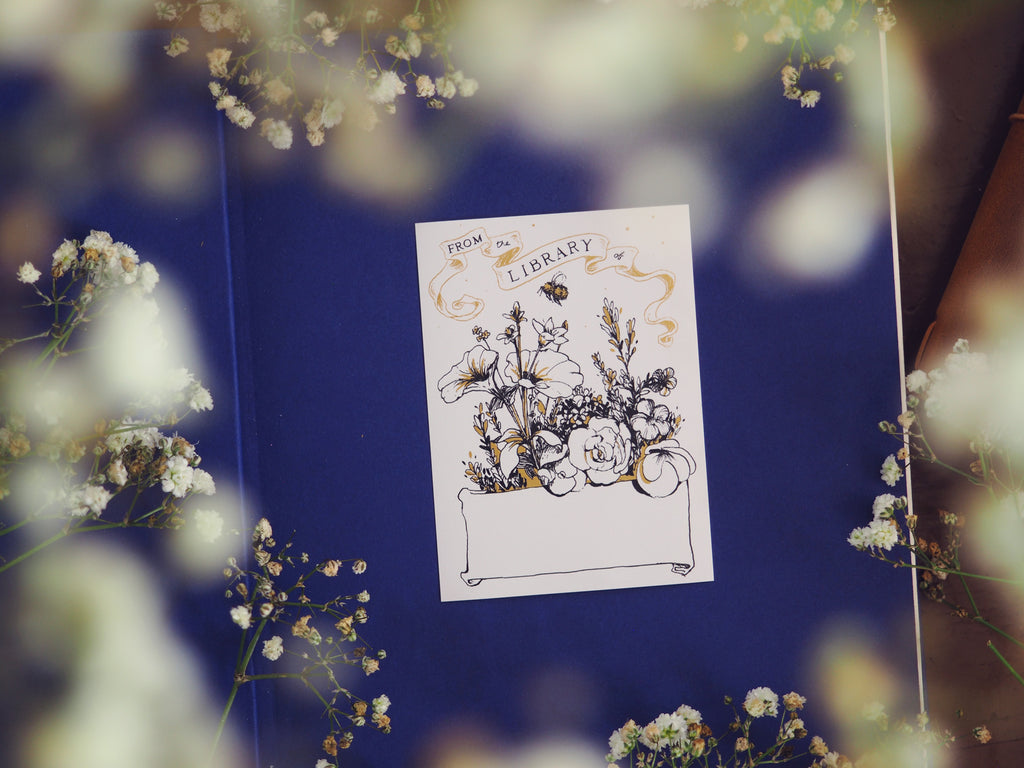 English Garden illustrated bookplate sticker stuck in a book