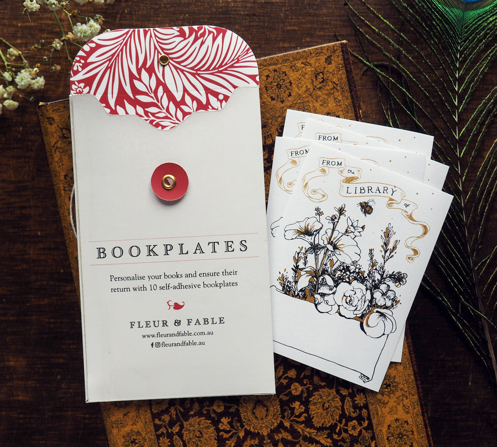 Bookplate packaging and English Garden bookplate stickers flatlay on a desk