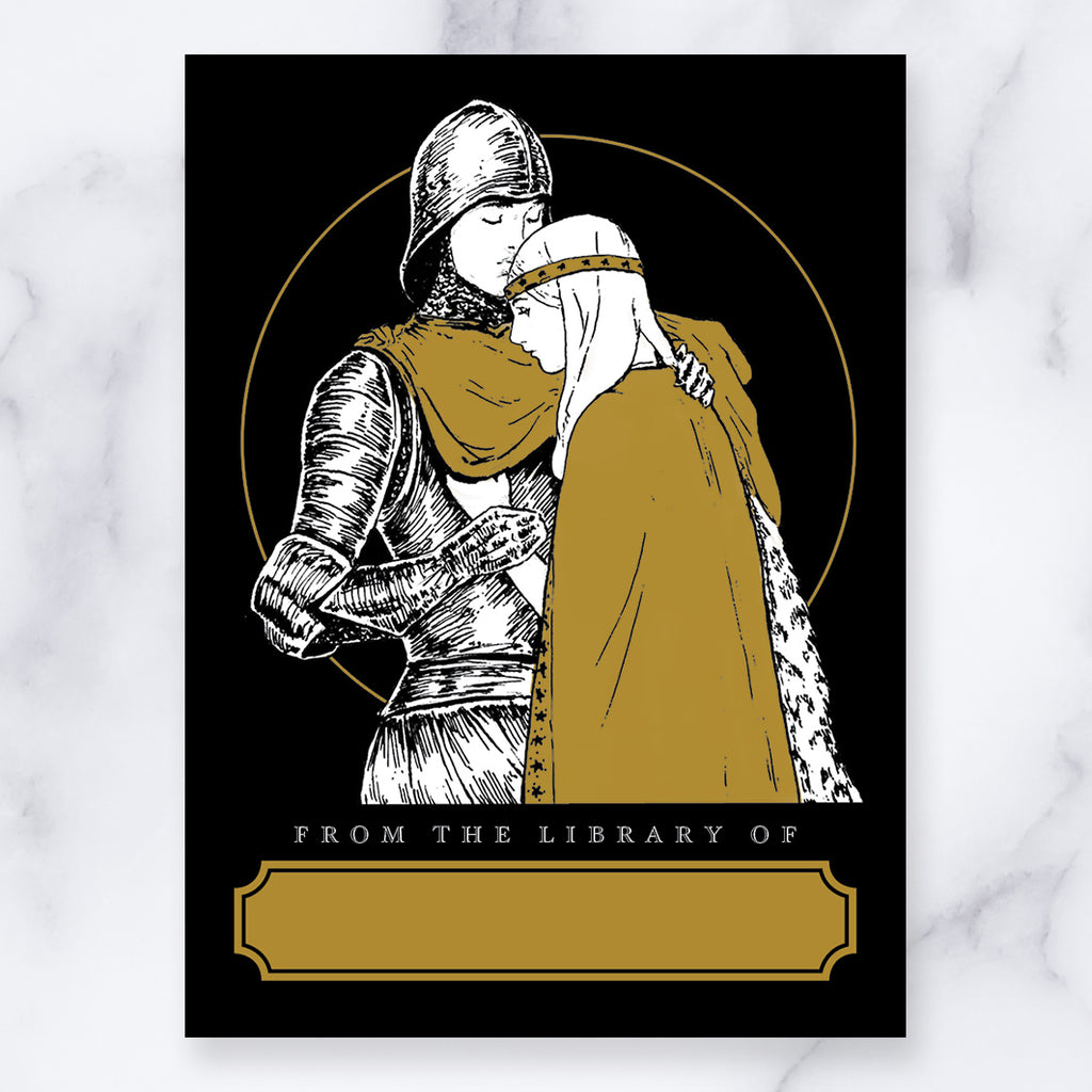 Knight's Goodbye illustrated bookplate sticker label design