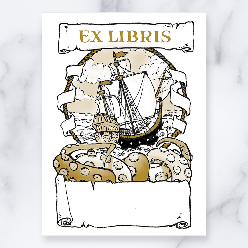 Crossing the Seas illustrated bookplate sticker label design