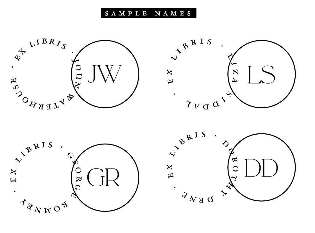 Sample names for personalised name and initials ex libris bookplate rubber stamp