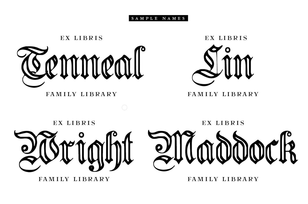 Font sample of gothic german design family library stamp