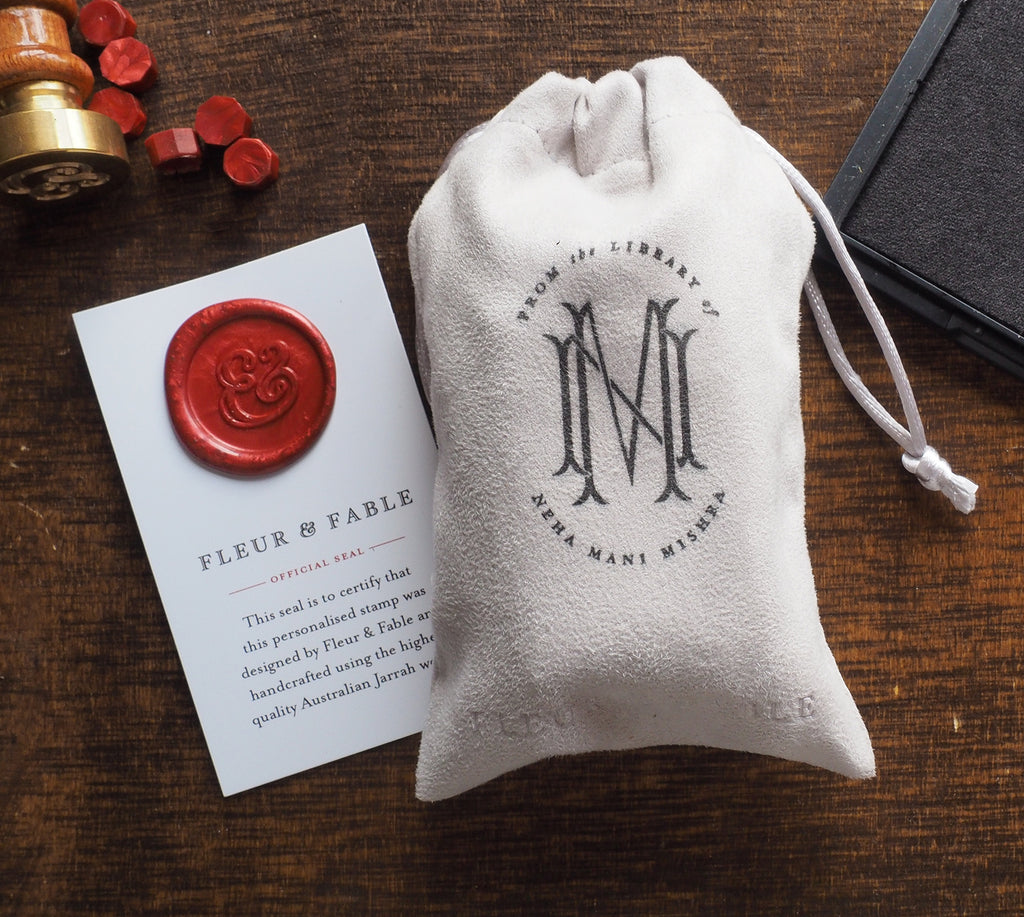 Gift bag for personalised bookplate stamp with wax seal certificate