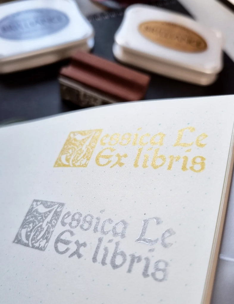 gold and silver ink pad with name stamp as example 'ex libris Jessica le'