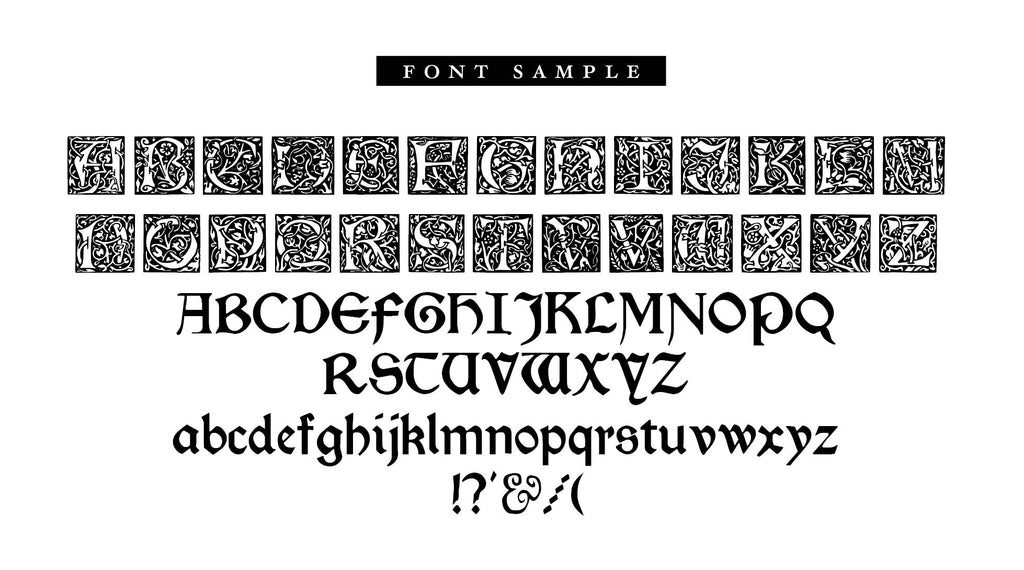 Font sample for personalised ex libris bookplate rubber stamp, including illuminated letters