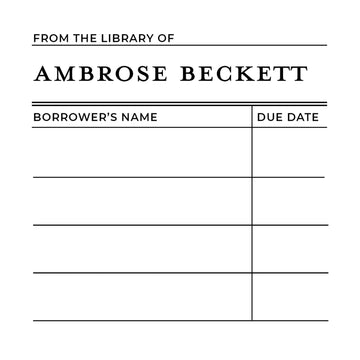 'From the Library of Ambrose Beckett' library card bookplate stamp design