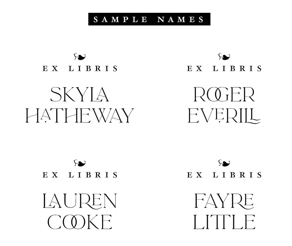 Sample names for personalised ex libris bookplate rubber stamp