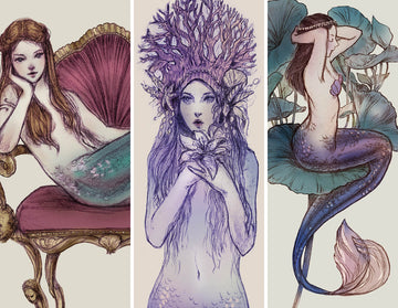 Set of 3 illustrated mermaid bookmarks laid side-by-side