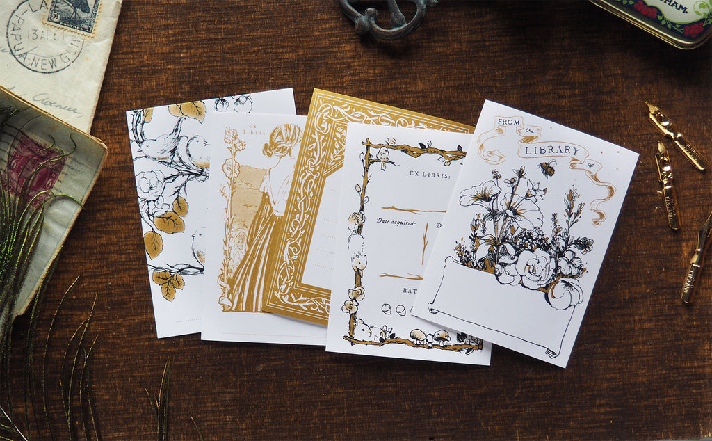 Nature Mix Pack illustrated bookplate stickers flatlay on a table