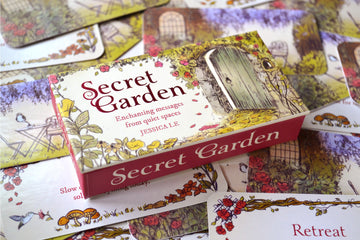 Secret Garden Mini Inspiration Cards box packaging surrounded by loose inspiration cards