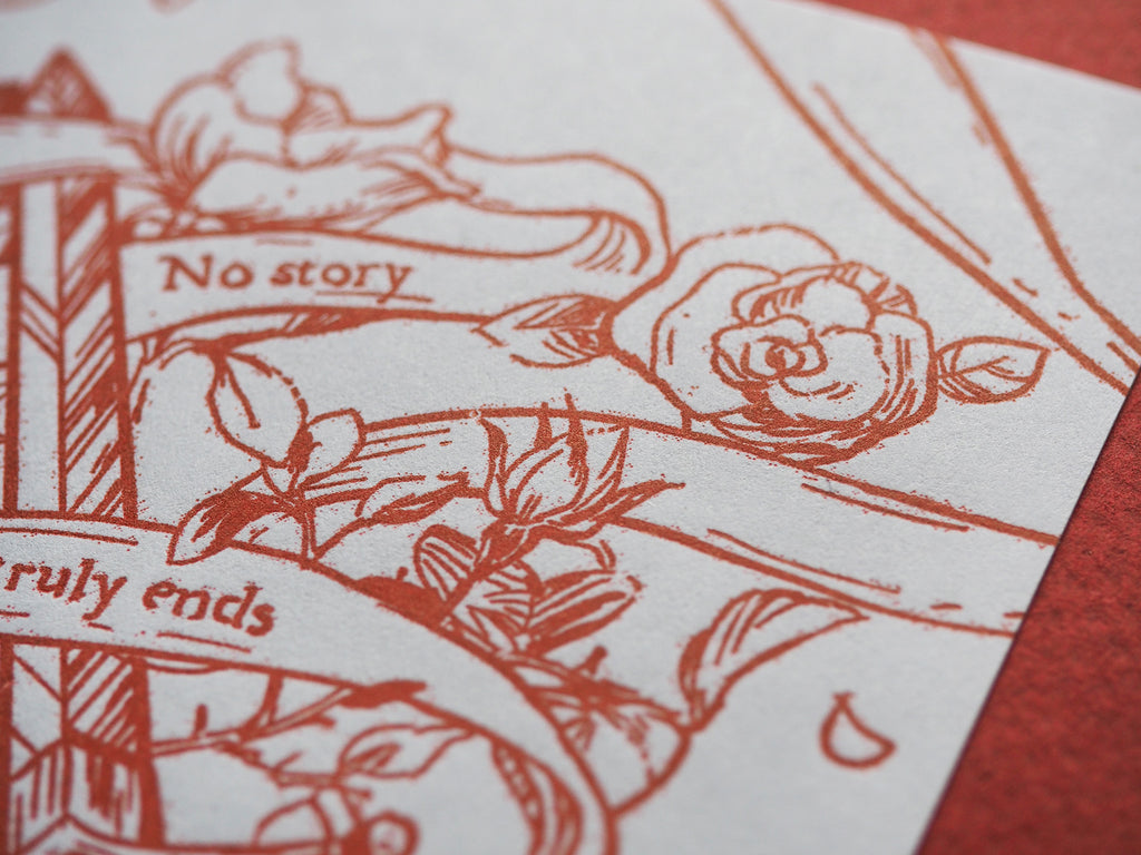 detail view of shadowsteel red letterpress bookplate