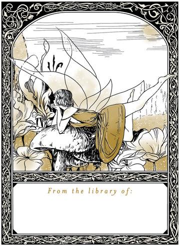 Titania fairy mushroom flowers and decorative border bookplate gold ex libris sticker