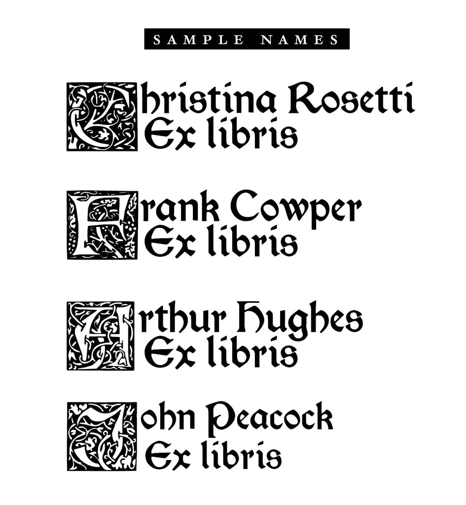 Sample names for personalised ex libris bookplate rubber stamp with an illuminated first letter