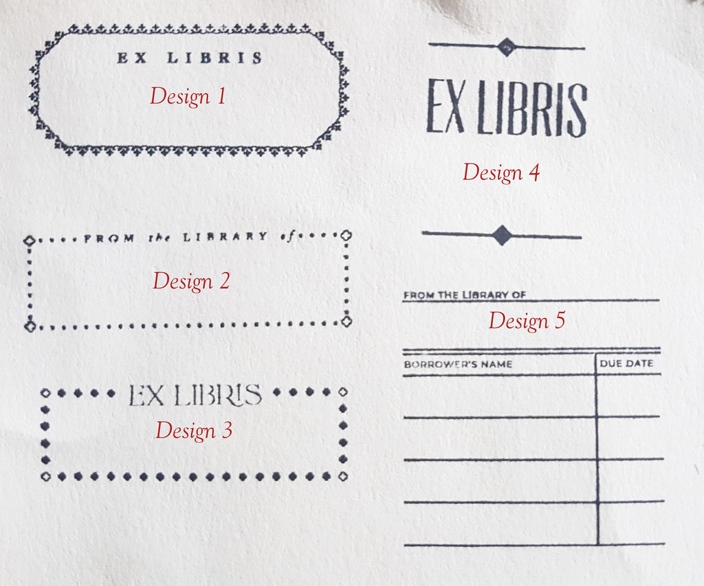 Inked up designs of blank bookplate rubber stamps