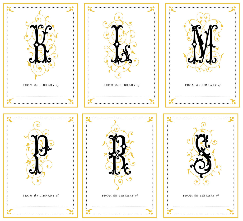 Sample letters for monogram initials bookplate sticker label featuring letters K L M P R S