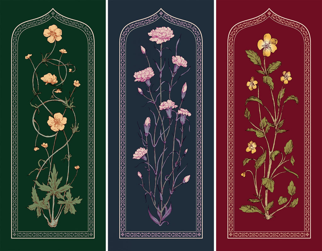 Set of 3 illustrated floral bookmarks laid side-by-side