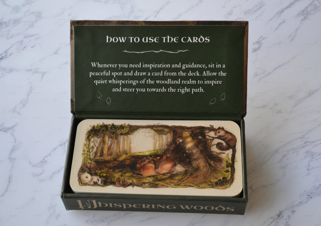Whispering Woods Mini Inspiration Cards box open showing illustrated cards inside